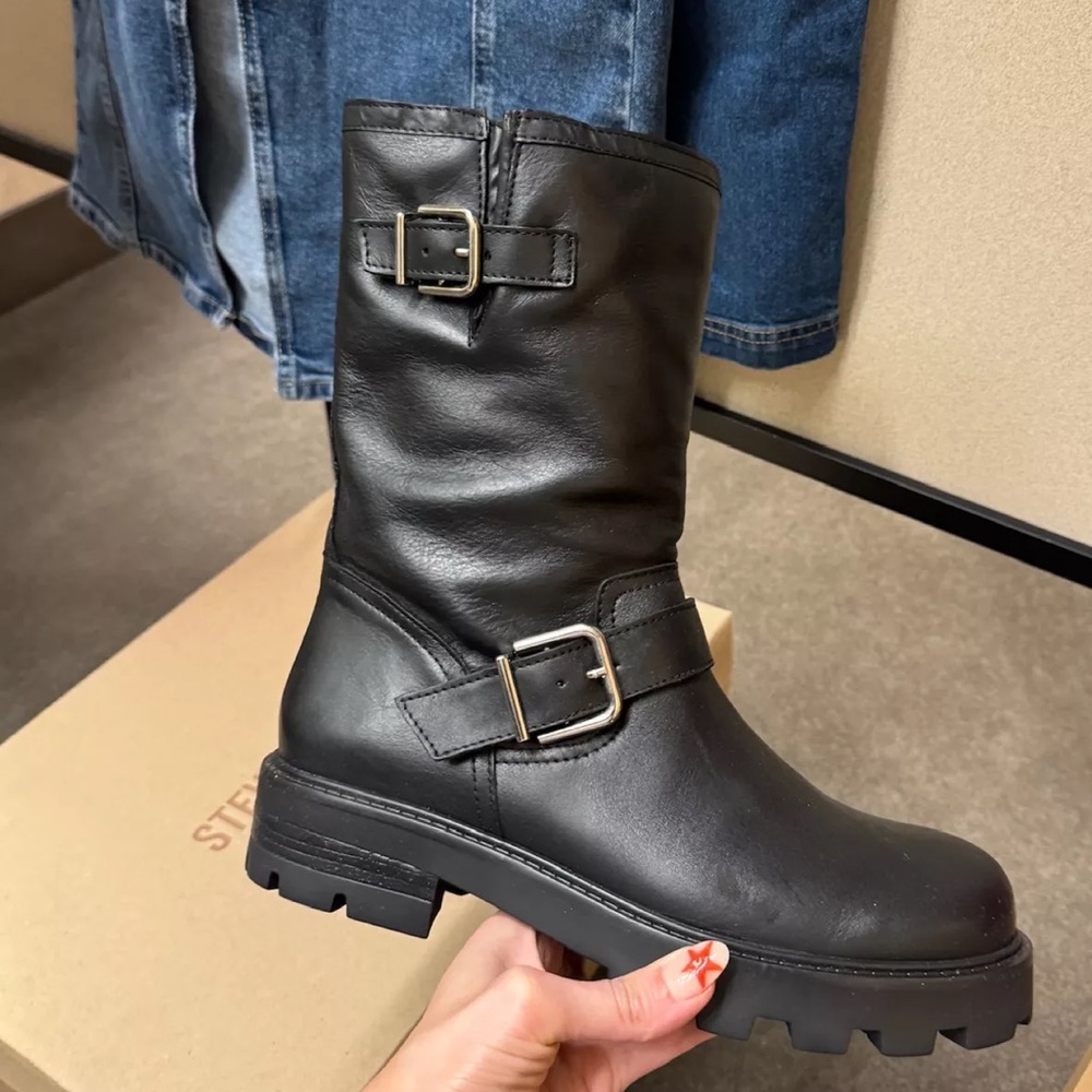 Steve Madden Black Combat Boots with Buckles - Gleason Boots, worn once like new